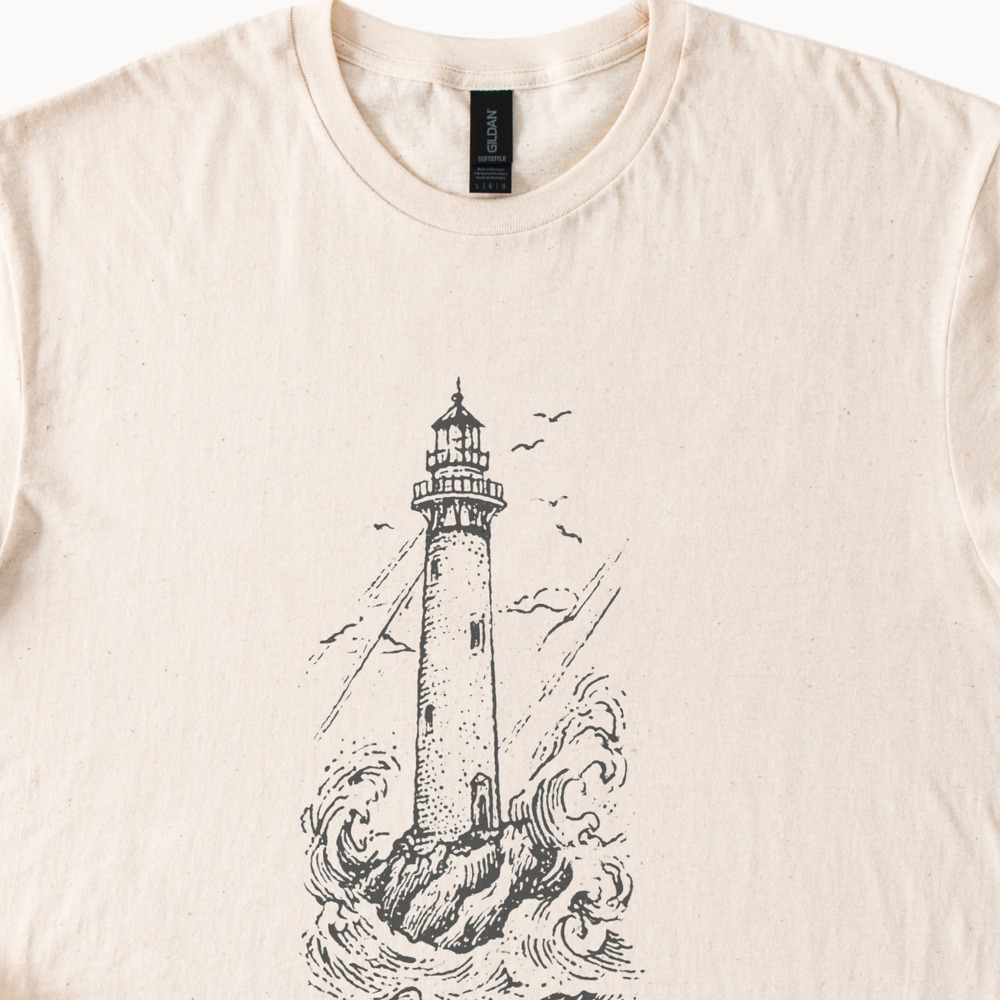 Lighthouse Storm Graphic Tee Black and White Maritime Art